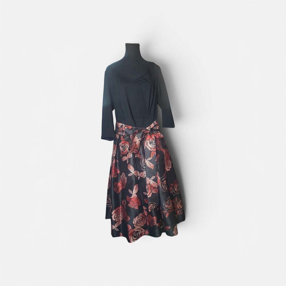 eShakti Custom Black V-Neck Dress with Red Rose Jacquard Skirt - Picture 2 of 5